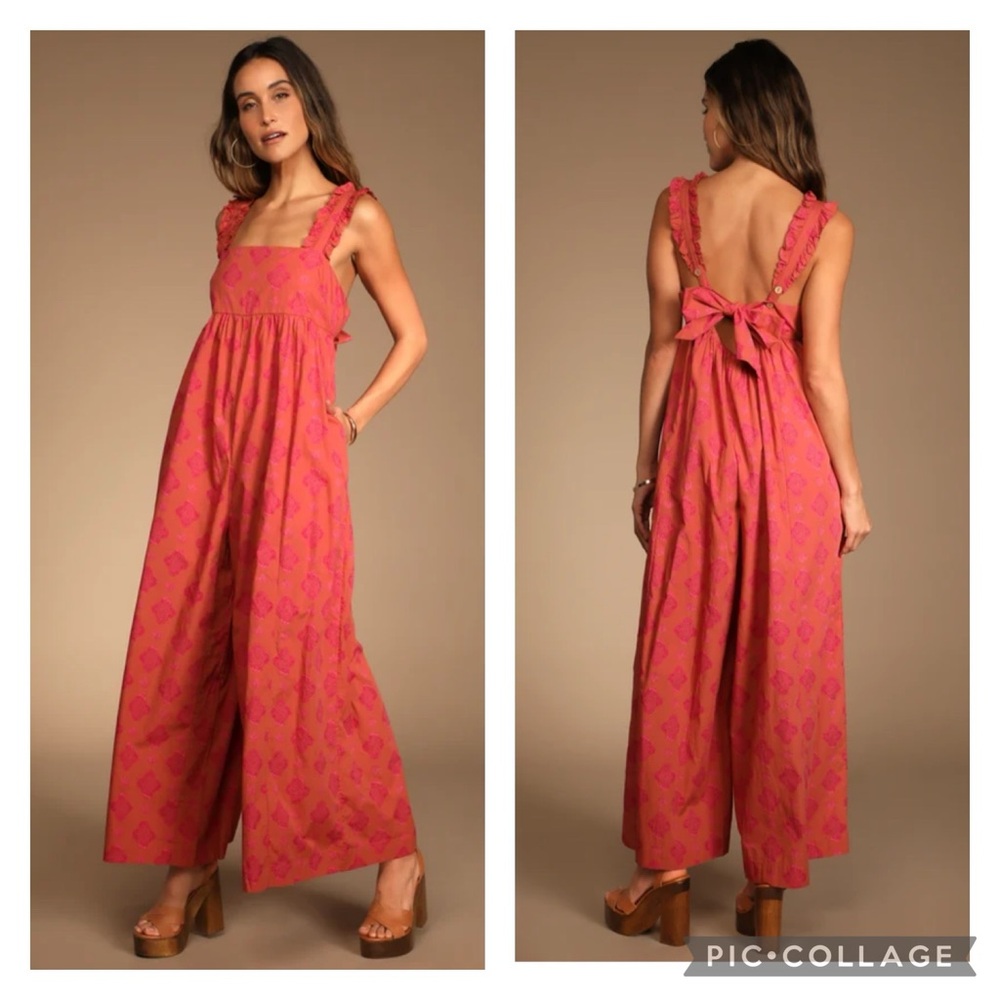 Free People Katya Rusty Rose Print Ruffled Tie-Back Wide-Leg Jumpsuit, Size M